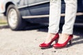 Woman Standing Next To Convertible Classic Car Royalty Free Stock Photo