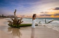 Woman standing next to a drift wood tree in Tulum