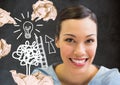 Woman standing next to light bulb drawings with crumpled paper balls in front of blackboard Royalty Free Stock Photo