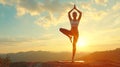 Woman standing in Pranamasana yoga pose meditating at the dawn. Stress management relaxation self-love concept