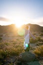 Woman standing on a rock in a wildflower field at dusk in Joshua Tree National Park California. Sunflare in photo