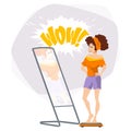 Woman standing on scales. Beautiful girl checks own weight. Illustration for internet and mobile website