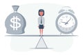 Woman standing on seesaw between clock and bag with dollar symbol and balancing money and time.