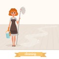 Woman standing on shiny floor and holding mop and plastic bucket. Cartoon maid in dress, apron and protective rubber Royalty Free Stock Photo