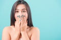 Woman standing smiling surprised excited her covering mouth with hands Royalty Free Stock Photo