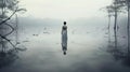 Woman standing in stillness in the middle of a misty lake