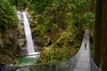 Woman standing on a suspension bridge and looking at the Cascade falls, in Cascade falls regional park, Deroche, British Columbia Royalty Free Stock Photo