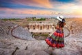 Woman standing on theater of Hierapolis ancient city in Pamukkale, Turkey. Royalty Free Stock Photo