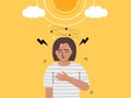 A woman standing under sun light on hot weather and having headache, breathless, dizzy and chest pain. sunstroke concept. flat