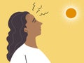 A woman standing under sun light on hot weather and having headache, sunstroke concept. flat vector illustration