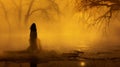 Woman In A Dreamlike Gold Fog: A Dark And Ethereal Photograph