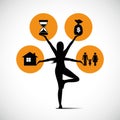 Woman standing in yoga pose and balancing between family time money and job