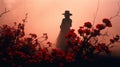 Romantic Silhouettes: Captivating Woman In The Mist With Red Flowers