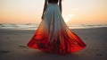 Exquisite Details: Woman Walking On Beach In Long Red And White Skirt