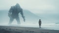 Mist-clad Encounter: A Captivating Beach Encounter With A Monstrous Creature