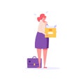 Woman stands with a box of things, she was fired from job. Concept of unemployment, fired, work conflict, dismissal, professional