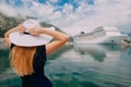 Woman stands on cruise liner background Royalty Free Stock Photo