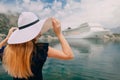 Woman stands on cruise liner background Royalty Free Stock Photo