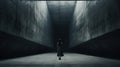 Woman stands in dark concrete corridor alone, back view of lone girl in spooky minimalist hall. Female person like in thriller or
