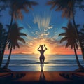 Woman meditating at sunset. Dark female silhouette with raised clasped hands above her head. Royalty Free Stock Photo