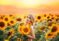 Woman stands in a field with blooming sunflowers and hugs a bouquet of flowers. Royalty Free Stock Photo