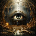 Woman stands in front of a huge eye in a tunnel, hypnosis and control, manipulation by media, optical illusion, influence and