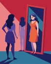 A woman stands in front of a mirror a reflection of her twisted and distorted by the false ideals and expectations Royalty Free Stock Photo