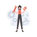 A woman stands in full growth holding a wrench and a puzzle. Tech support. Element for presentations, sites. Royalty Free Stock Photo