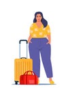 Woman stands beside luggage, ready for travel or commute. Suitcase and travel bag. Concept of adventure, journey, relocation.