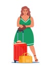Woman stands beside luggage, ready for travel or commute. Suitcase and travel bag. Concept of adventure, journey, relocation.