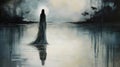 Eerie Watercolor Painting: Shadow Over Serene Waters