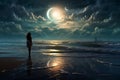 A woman stands on a moonlit beach, with the gentle caress of waves softly lapping at her feet