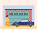 Woman stands near garage with opening door. Place for automobile, vehicle parking, room with car Royalty Free Stock Photo