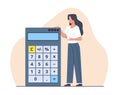 Woman stands next to calculator. Electronic device for counting. Financial presentation, audit or professional