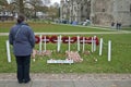 A woman stands by the popies of rememberance