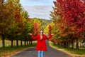 Woman stands among the rows of deciduous trees in Autumn Royalty Free Stock Photo