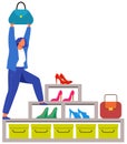 Woman stands on shoe stand in store. Lady with handbag goes to top, goal on shelves with shoes