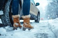 Woman stands on snowy road next to broken car in winter. Bad weather conditions, dangerous driving conditions, emergency