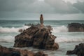 woman stands on a stone around the seething water of the ocean generative ai
