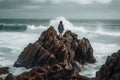 woman stands on a stone around the seething water of the ocean generative ai