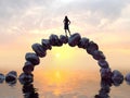 Woman stands on a stone bridge