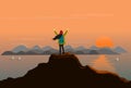  The woman stood up and showed his hands on the top of the mountain happily. sunset background