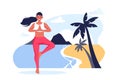 Woman stands in a tree pose on sea beach. Outdoor yoga exercise practice. Vector cartoon character illustration