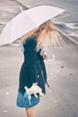 Woman stands under an umbrella in a reflection of puddles. girl holding a stuffed toy Royalty Free Stock Photo