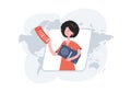 A woman stands waist-deep and holds a boarding pass and passport. Travels. Element for presentations, sites.