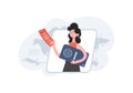 A woman stands waist-deep and holds a passport. Travels. Element for presentations, sites