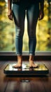 Woman stands on weight scale, a moment of self assessment for body wellness