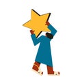 Woman with star. Customer review. Female character wearing in casual clothes standing with huge gold star in her hands isolated