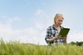 Woman Staring at Tablet Screen in Wheat Field