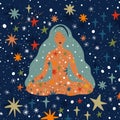 Woman with stars on her body meditating in lotus position on starry background. Colorful cosmic vector illustration